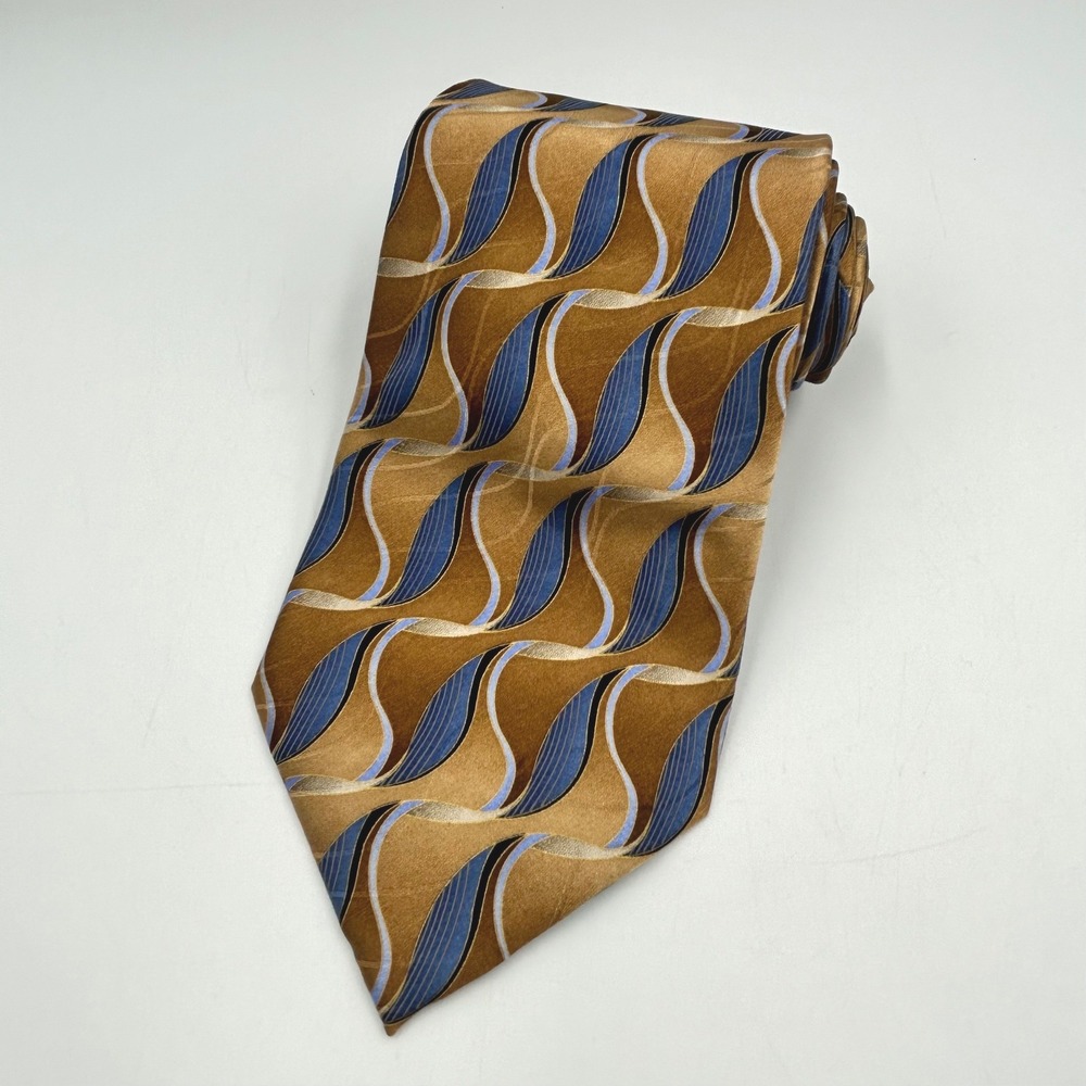 Boca Classics Necktie Gold Blue Men 100% Silk Abstract Wavy EUC 57 L x 3.75 W In